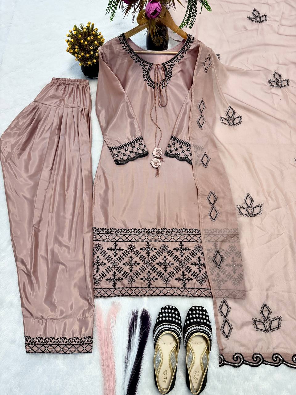 Luxe Taupe & Noir Silk Ensemble